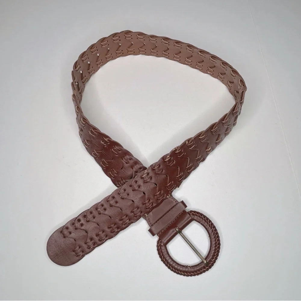 Macy's Rich Brown Woven Braided Faux Leather Belt Y2K Western Country Hippie